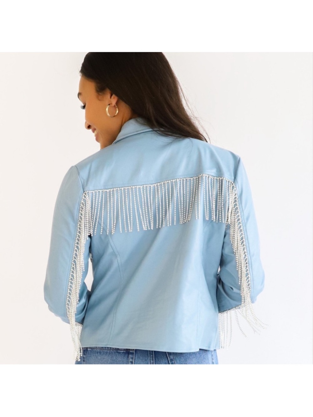 Blue B Rhinestone fringe riches faux leather jacket